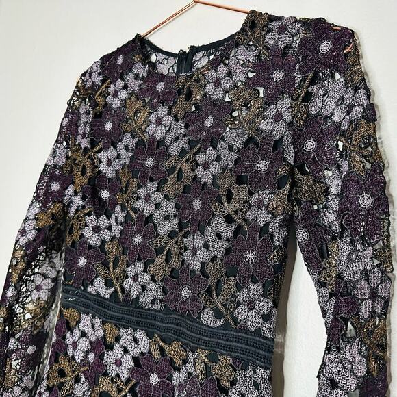 CYNTHIA ROWLEY Linden Purple Black Lace Floral Bell Sleeves Mini Dress Size 4 - Picture 7 of 13